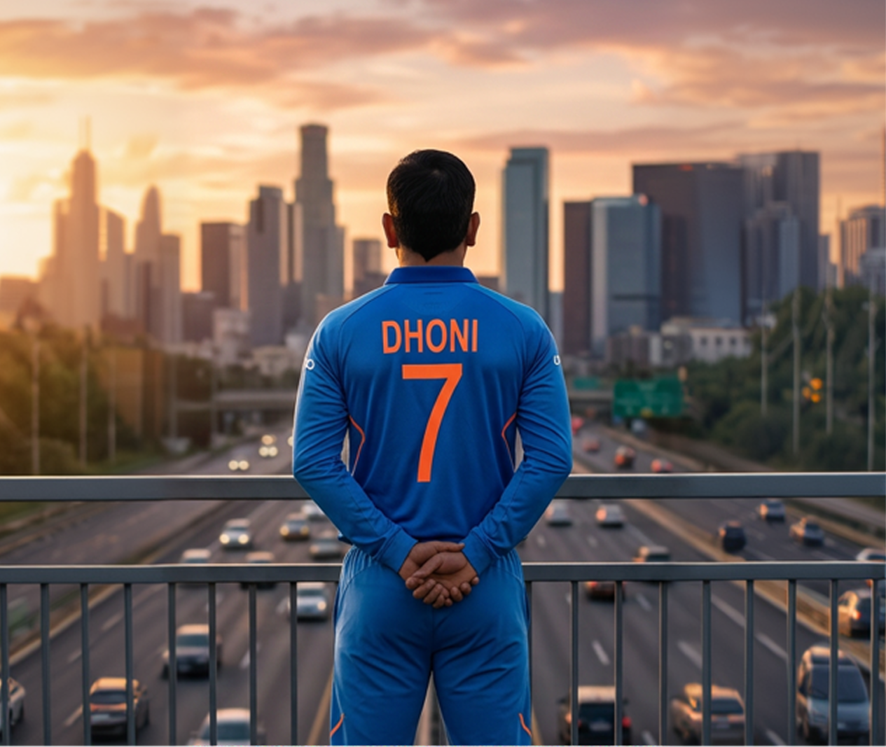 MS Dhoni in India jersey looking out at a city skyline at sunset